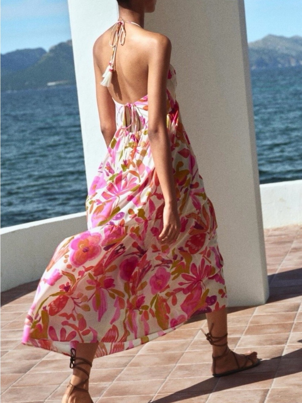 Zara Pink Floral Halter-Back Maxi Dress